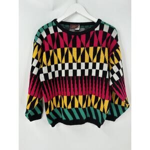 Atlas Vintage Sweater Womens Large Multicolor Harlequin Retro Acrylic Pullover